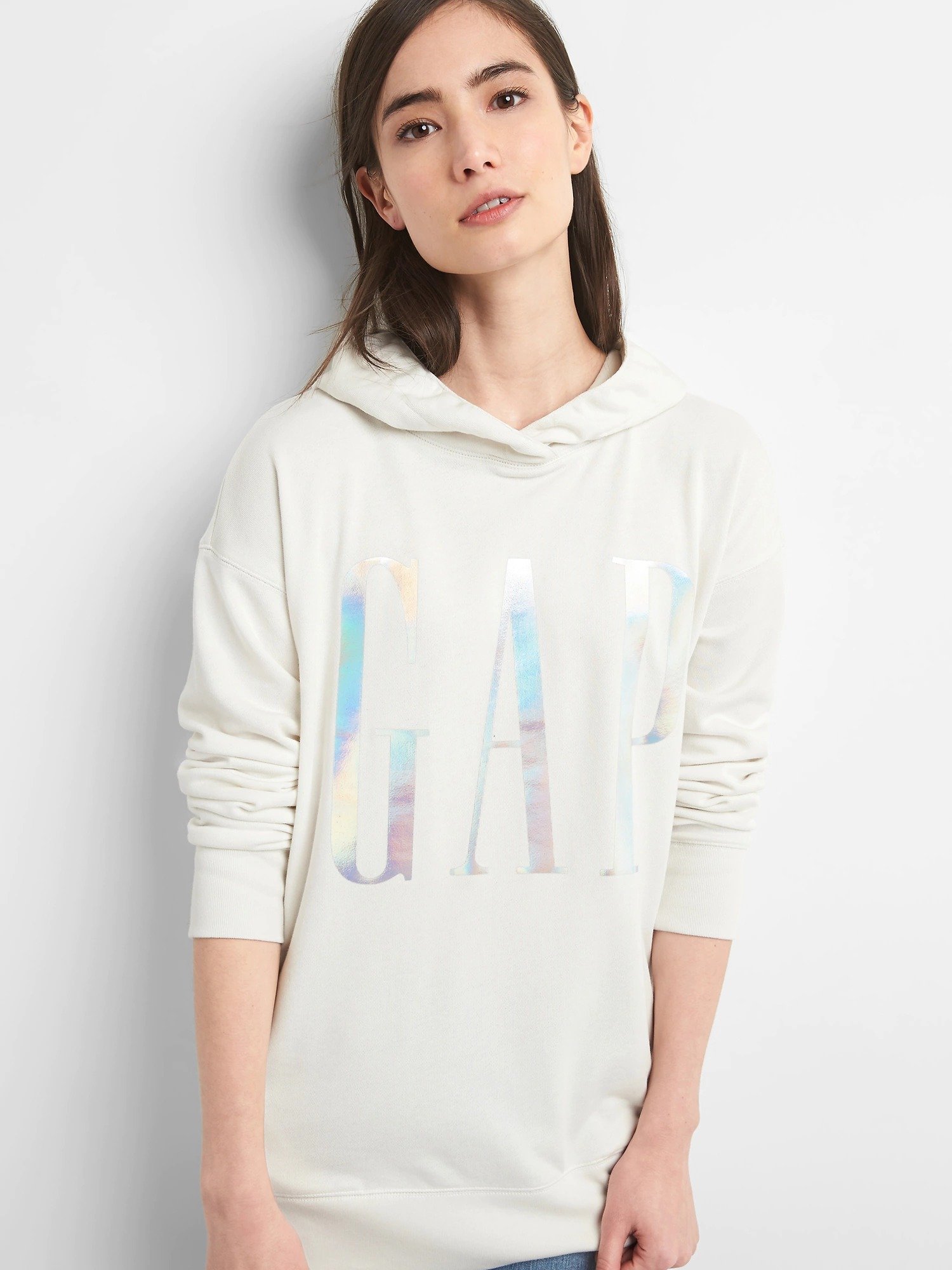 Metalik logolu fransız havlu kumaşı kapüşonlu sweatshirt product image