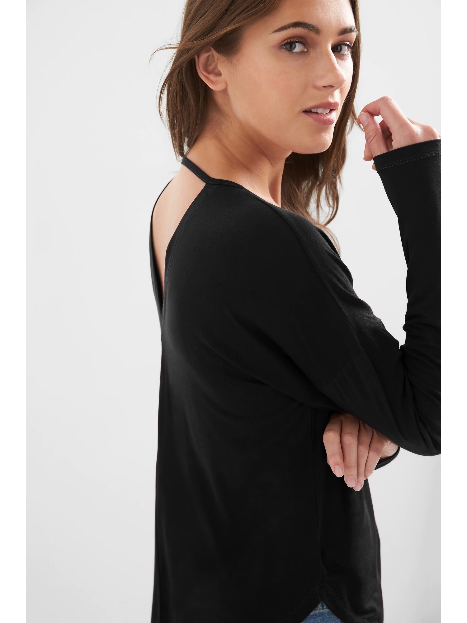 V yaka drape uzun kollu t-shirt product image