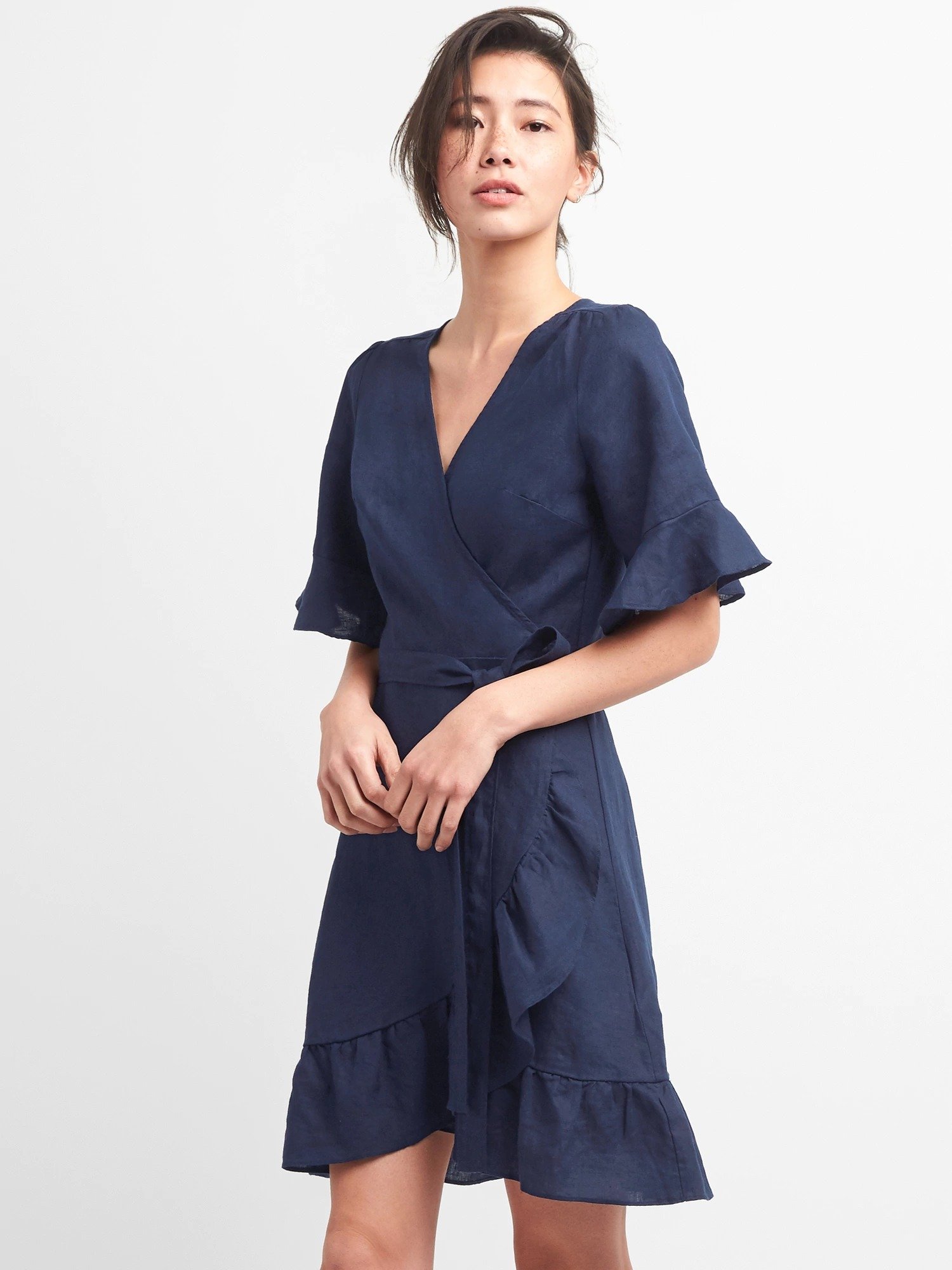Keten ve pamuk karışımlı fırfırlı elbise product image