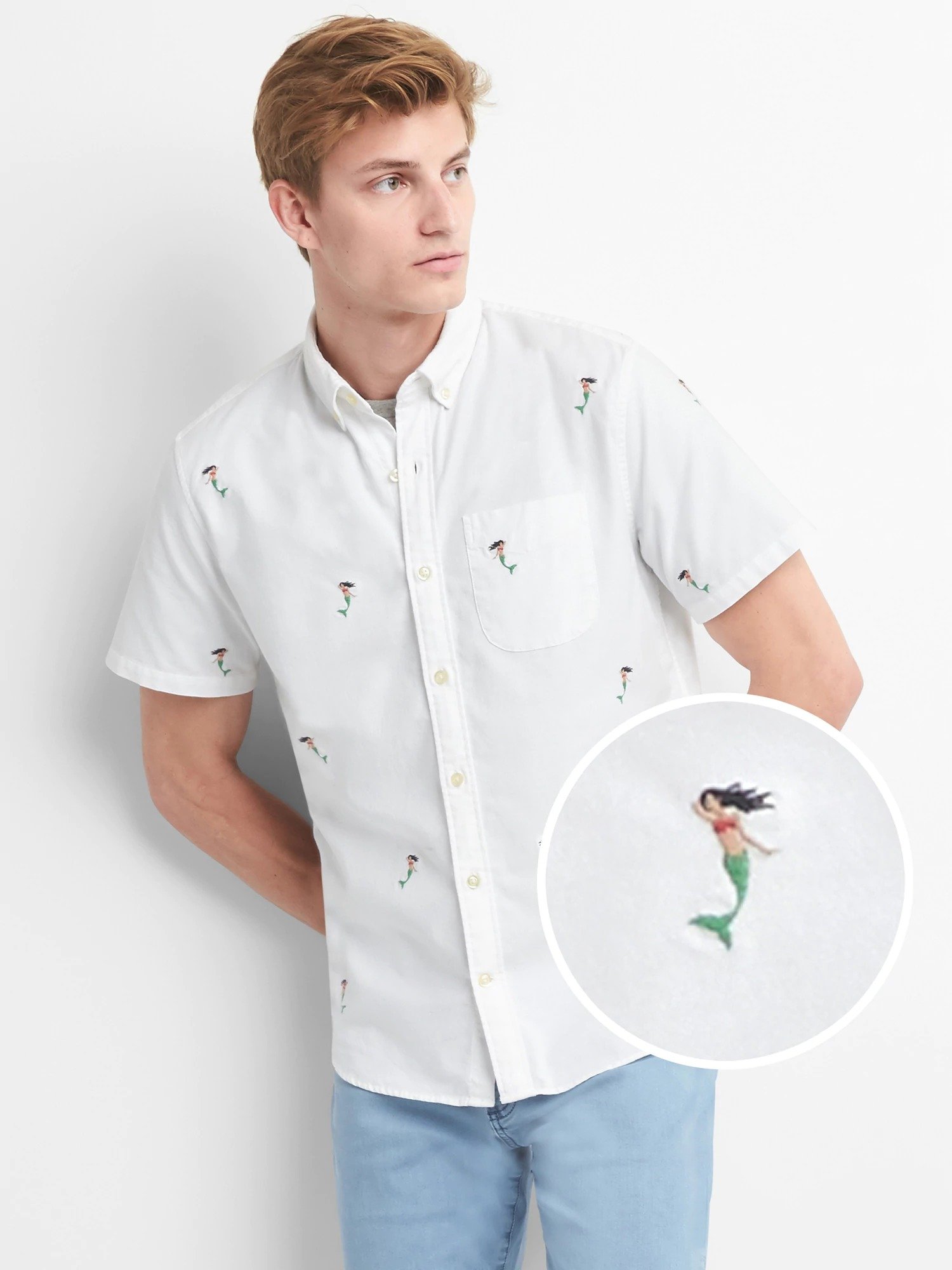 Oxford kısa kollu işlemeli streç gömlek product image