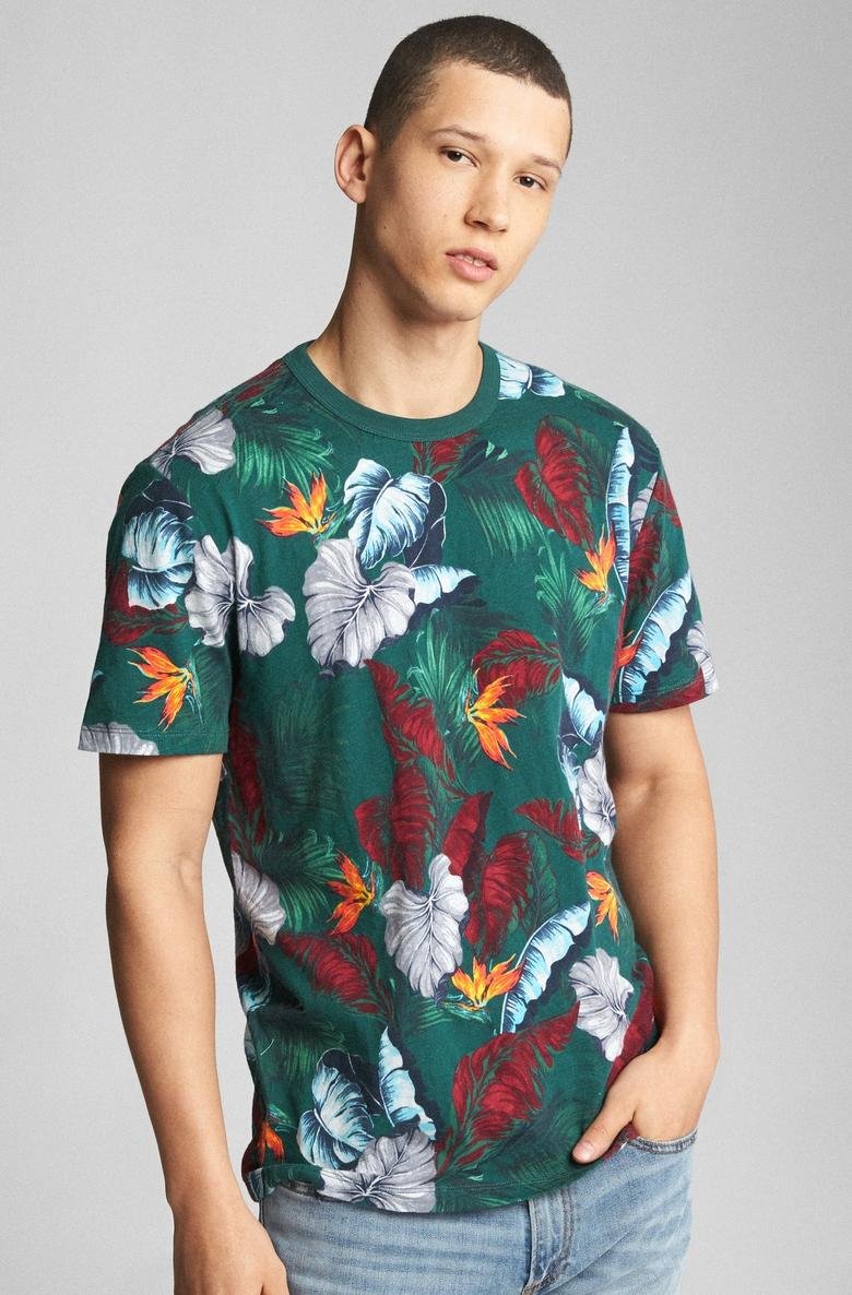 Tropikal Desenli Kısa Kollu Sıfır Yaka T-Shirt