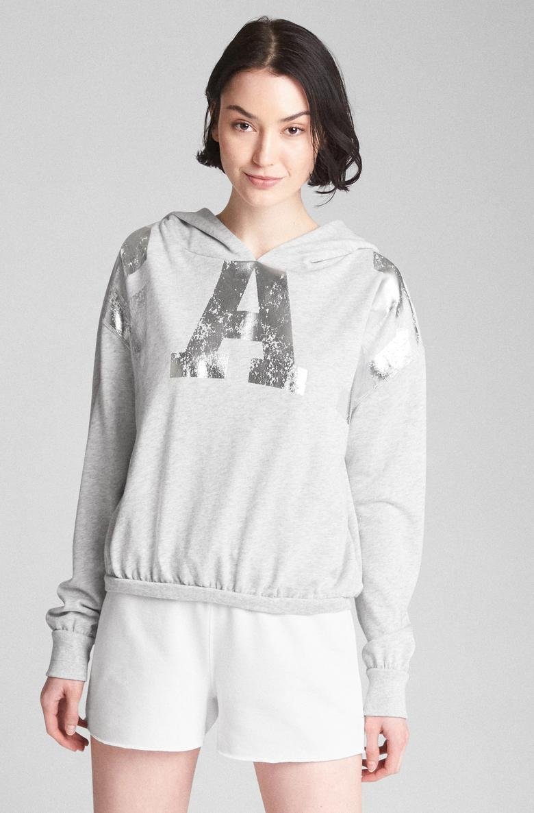  Metalik logolu fransız havlu kumaşı kapüşonlu sweatshirt