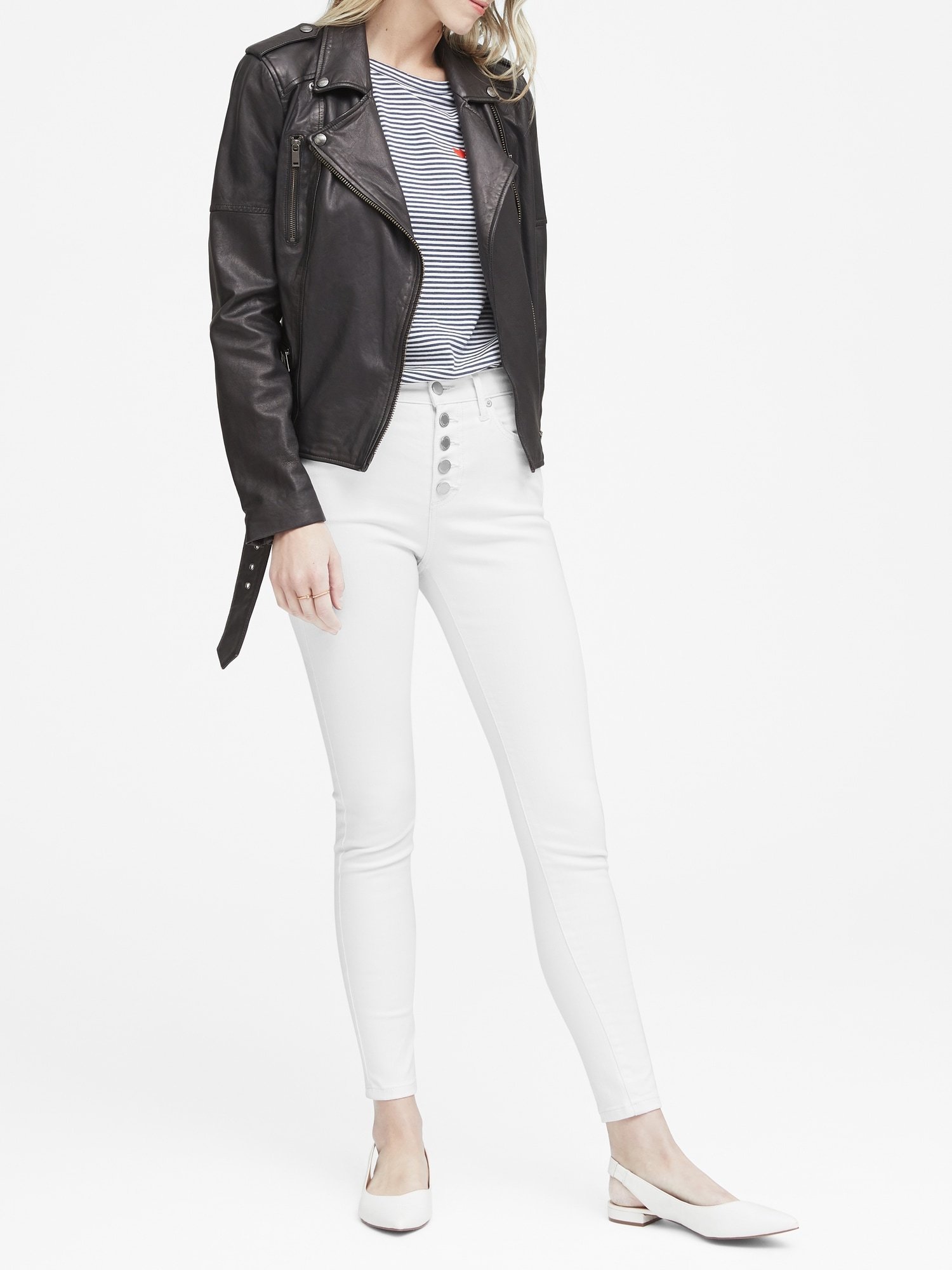 Yüksek Belli Skinny-Fit Düğmeli Beyaz Jean Pantolon product image