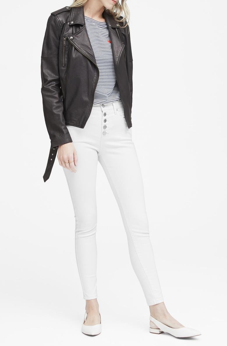  Yüksek Belli Skinny-Fit Düğmeli Beyaz Jean Pantolon
