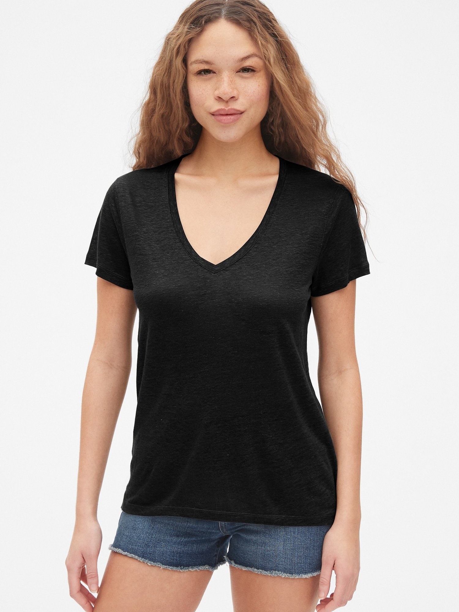 Kadın V-Yaka Keten T-Shirt product image