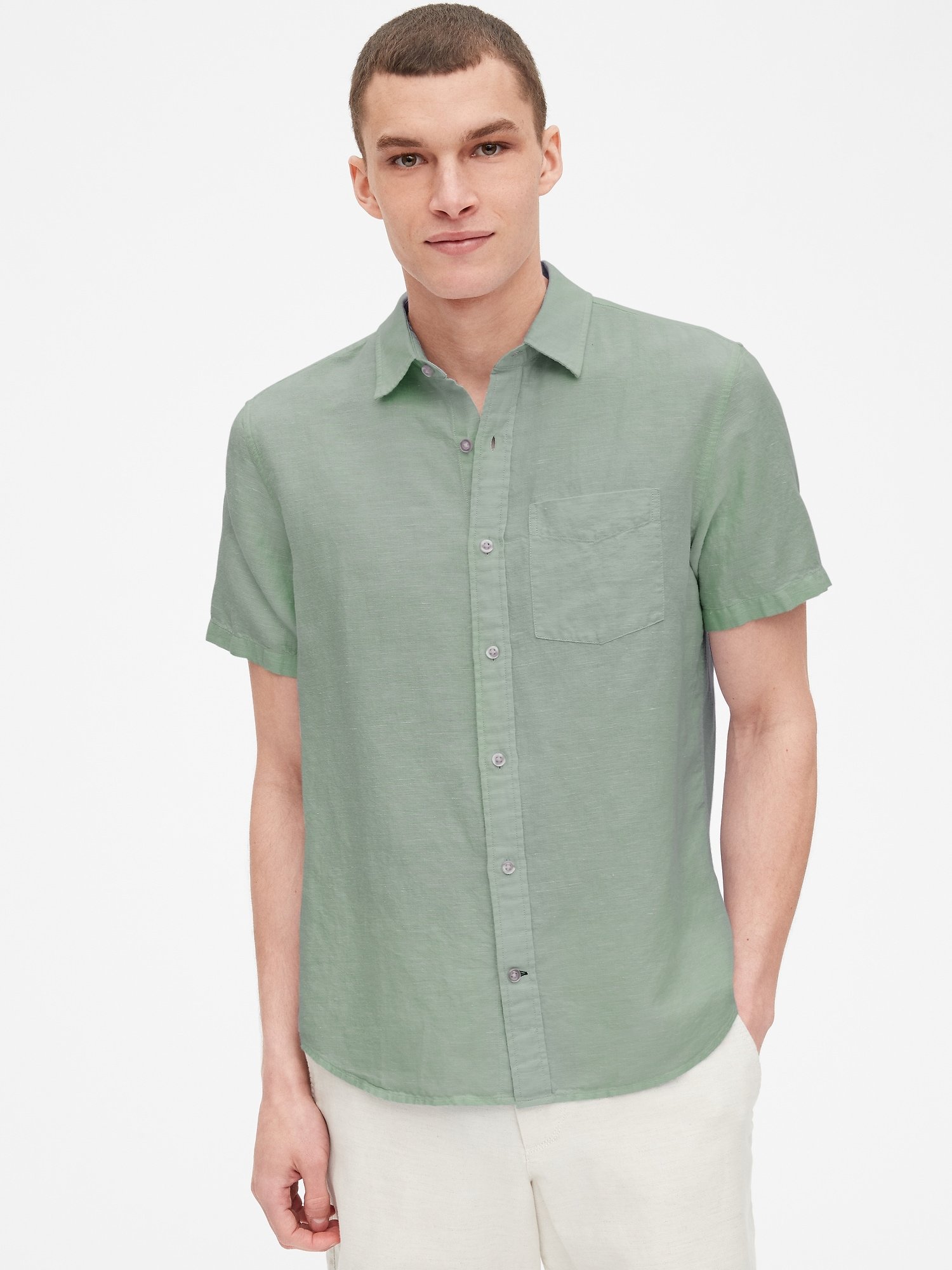 Erkek Pamuk-Keten Karışımı Kısa Kollu Gömlek product image
