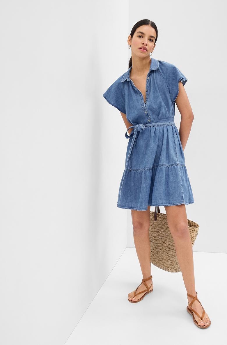  %100 Organik Pamuk Volan Kol Mini Denim Gömlek Elbise