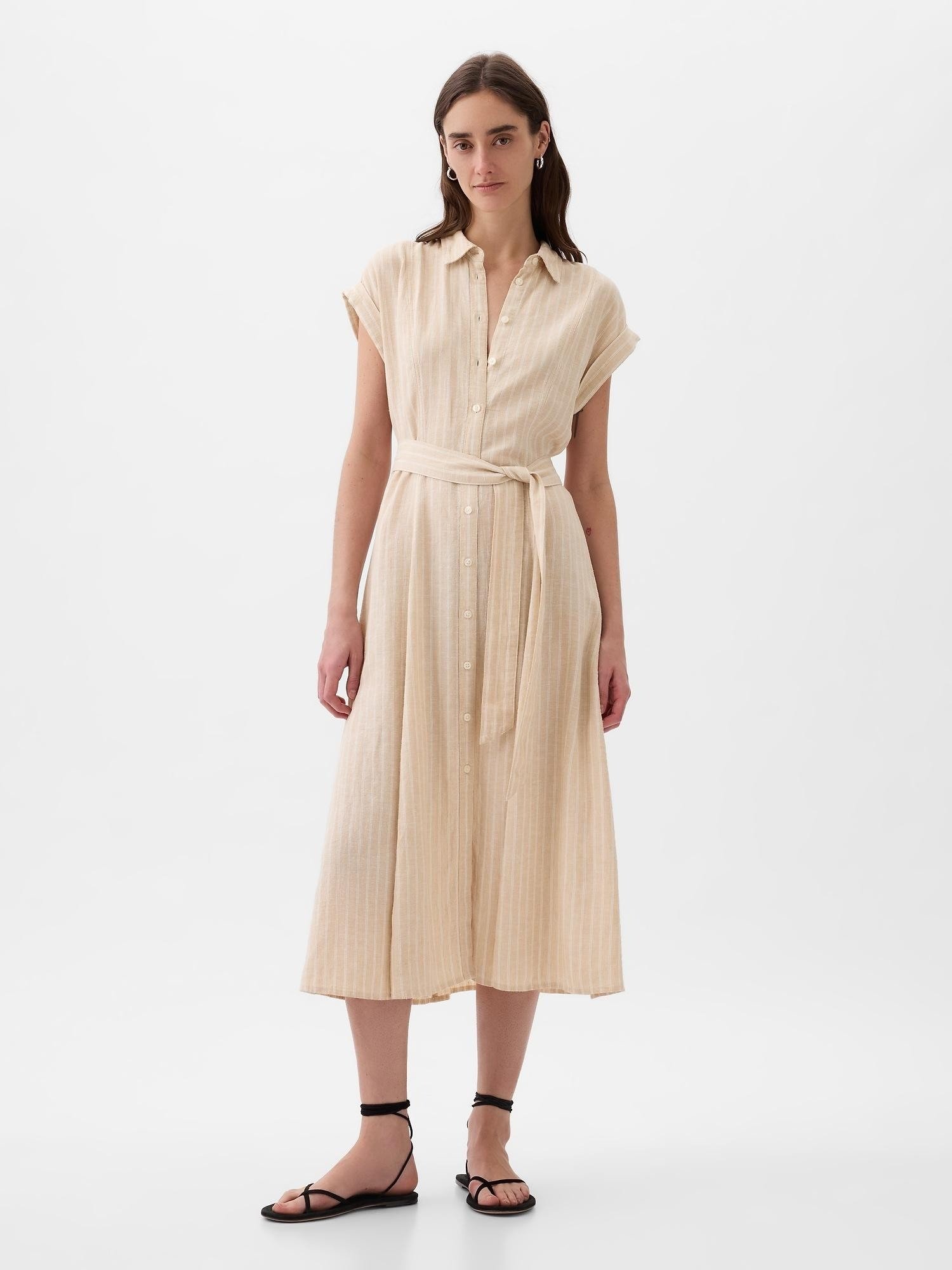 Keten Karışımlı Midi Gömlek Elbise product image