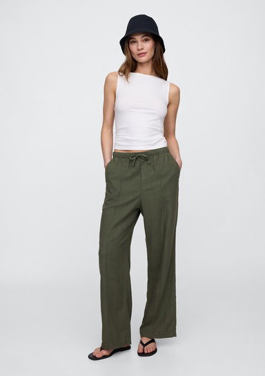 Mid Rise Keten Karışımlı Pull-On Wide-Leg Pantolon