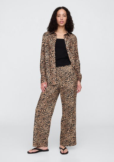 Mid Rise Keten Karışımlı Pull-On Wide-Leg Pantolon
