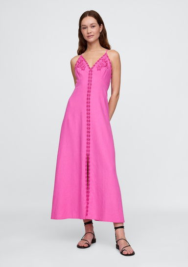 Linen-Blend Nakışlı Halter Maxi Elbise