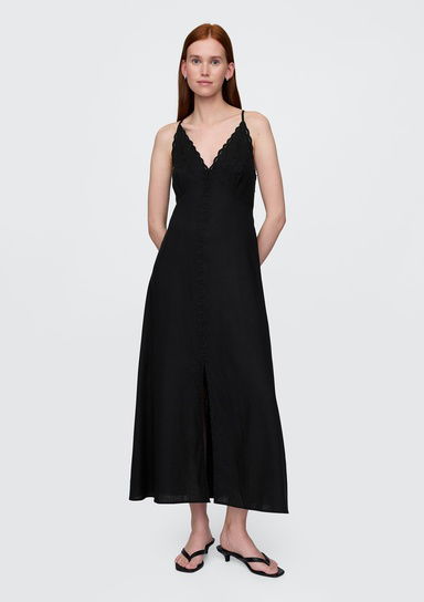 Linen-Blend Nakışlı Halter Maxi Elbise